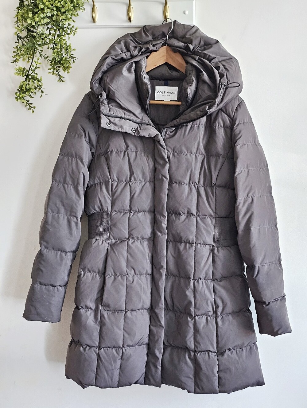 Cole Haan Signature Gray Down Puffer Hooded Long Winter Coat Women L
